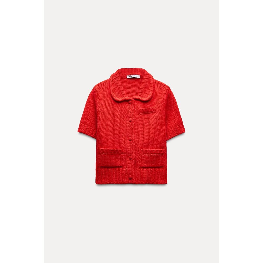 Red Zara Collared Button Front Short Sleeve Knit Cardigan Sweater (NWT)